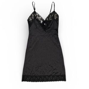 Vintage Sliperfection Slip Dress Black Satin Sz 32 Lace Trim 80s 90s Bow Flower
